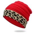 Detailed macro view of the thick red knit texture and leopard print cuff on the winter hat - One Size / Red