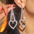 Sparkling silver heart tassel earrings with full crystal inlays for a luxurious look - Silver Heart Shaped Long Tassel Earrings