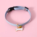 Blue denim pet collar with adjustable buckle, golden bell, and white bone charm pendant - S (17-32cm) / Denim Blue Bone