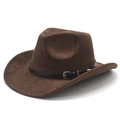 Classic brown suede western cowboy hat with wide brim and decorative leather band with buckle - M (56-58cm) / Brown Faux Suede