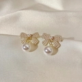 Elegant gold bow earrings with micro-pearls and a large round white pearl drop pendant - #4 Pearl Bow Earrings