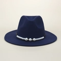 Detail of dark blue fedora hat with elegant pearl band and rhinestone decoration - M (56-58cm) / Navy Blue