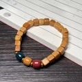 Zen style sandalwood bamboo joint bracelet with tri-color beads and gold spacers - Sandalwood 7mm Multicolor Square Beads