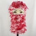 Fuzzy knit balaclava in red pink white fur blend shown on a mannequin head - One Size / Pink
