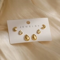 Three pairs of 18K gold plated heart and geometric stud earrings set on a white jewelry card - Water Drop and Moon Shape Combination (45588)
