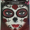 Red and black Day of the Dead face jewels with rose petals and sparkling rhinestones - Halloween Roses