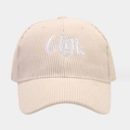 Detailed close-up of cream corduroy texture and blue Gigi embroidery on baseball cap - One Size / Beige