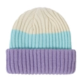 Detail of soft knit beanie with striped pattern in cream, blue, and purple hues - Purple Mint & Beige
