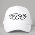 Detailed macro of EVERYONE IS GOING TO HURT YOU text print on white mesh trucker hat - One Size / White