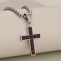 Silver stainless steel bead chain necklace with ruby red square crystal cross pendant - Silver Cross Pendant (Ruby Red Zirconia)