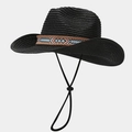 Detail of black woven straw cowboy hat featuring ethnic geometric pattern and adjustable cord - One Size / Black
