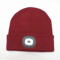 Burgundy knitted beanie featuring built-in LED light panel for outdoor visibility - 4-LED Style / Dark Red