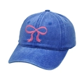 Washed blue denim baseball cap featuring a delicate pink embroidered bow design - M (56-58cm) / Sapphire Blue