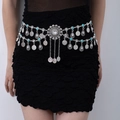 Bohemian silver metal waist chain with turquoise beads and coins on a black dress - Big Round Three Tassels / Silver / Silver Dandelion 10mm Artificial Pearl