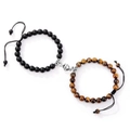 Detail of tiger eye and black matte beaded magnetic couple bracelets with adjustable cords - Tiger Eye & Black Matte Round Magnet Buckle