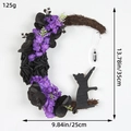 Gothic crescent moon wreath with black cat silhouette and purple flowers for home decor - Glowing Deep Purple & Black Roses
