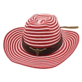 Red and white striped straw cowboy hat with a metal bull head buckle and leather strap - One Size / Red White With Drawstring (Golden Bull Head)