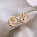 Elegant s925 silver rose earrings with golden relief on white shell-texture base - Shell Rose Flower Earrings - E5682 Gold