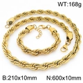 Conjunto de collar y pulsera de cadena de cuerda de acero inoxidable dorado de 10 mm - Pulsera / Dorado