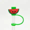Cute watermelon silicone straw cover with a cartoon smiley face for dust protection - Green Watermelon-1704-03