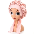 Pink satin sleep bonnet with adjustable long ties and elastic headband for hair care - One Size / Dusty Pink