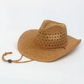 Handmade brown straw cowboy hat with adjustable chin strap for sun protection - Handmade Crochet Cowboy Hat - Khaki