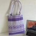 Ethnic style purple knitted tote bag with geometric diamond patterns and dual straps - Geometric Diamond Purple