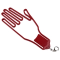 Close-up of red plastic golf glove stretcher with metal keychain on white background - Red