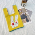Handmade yellow knitted tote bag featuring cute white rabbit embroidery with red heart - Yellow Rabbit