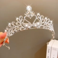 Silver swan heart crown headband featuring white rhinestones and crystal teardrops - Silver Swan Heart