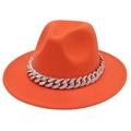Detail of bright orange fedora hat with sparkling rhinestone Cuban chain decoration - Orange