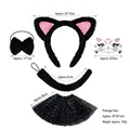 Black plush cat costume set with sequined tutu, ears headband and fluffy tail - Black Fur Heart Cat 3pcs Set + No. 3 Sticker + Black Star Tutu Skirt