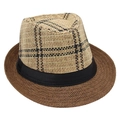 Detail of vintage straw fedora hat featuring woven plaid patterns and black ribbon band - One Size / Coffee
