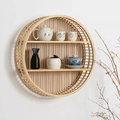 Étagère murale ronde en bambou minimaliste avec deux niveaux et design en rotin tissé - Étagère Murale en Bambou 38M