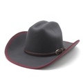 Men's dark grey felt cowboy hat with red stitched brim and brown woven leather band - M (56-58cm) / Gray