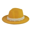 Sombrero fedora elegante de lana amarilla con una hermosa banda decorativa de perlas - Amarillo