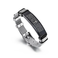 Detail of silver mesh bracelet with black plate engraved with Spanish Lord's Prayer - English Scripture Bracelet