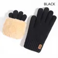 Women's black thermal knitted touchscreen gloves with warm beige faux fur lining - Style with Fur Cuff and Leather Tag / Black