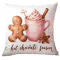 Pink snowman and gingerbread man cushion cover with hot chocolate season artwork - Hot Chocolate Season (TQDS88-16)