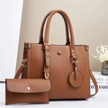 Brown lychee texture leather tote and clutch set with gold hardware and shoulder strap - Earthy Yellow