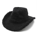 Plush black western cowboy hat with wide brim and warm wool-like texture for winter - M (56-58cm) / Black