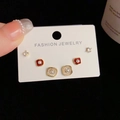 Three-pair elegant S925 silver needle stud earring set with pearls and red enamel details - Gold-Rhinestone Lotus Leaf Set (46#)