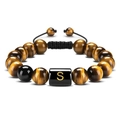 Adjustable tiger eye stone bracelet with golden letter S and black braided cord - Letter S