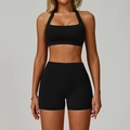 Zwarte yogaset met halter sportbeha en korte broek met hoge taille voor fitness - S / BH Stijl 1 + Shorts / Premium Zwart