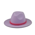 Close-up of lavender wool fedora hat featuring a stylish pink chunky chain decoration - Color 15