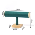 Single-tier dark green velvet bracelet display stand with wooden base and dimensions - Bamboo Wood Dark Green Suede (Single-Tier)
