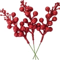 Three red glitter artificial berry stems for Christmas tree decoration on white backdrop - 15 Heads Berry Stem / Red