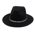 Close-up of black felt fedora hat featuring a snakeskin band with shimmering rhinestones - Black (Snake Pattern)