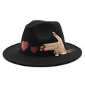 Detail of hand-painted gesture and red hearts on black wool felt fedora hat - Hand Gesture Heart Pattern Style (03)