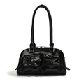 Sac à épaule en similicuir noir brillant avec deux poches à nœuds et détails argentés - Noir